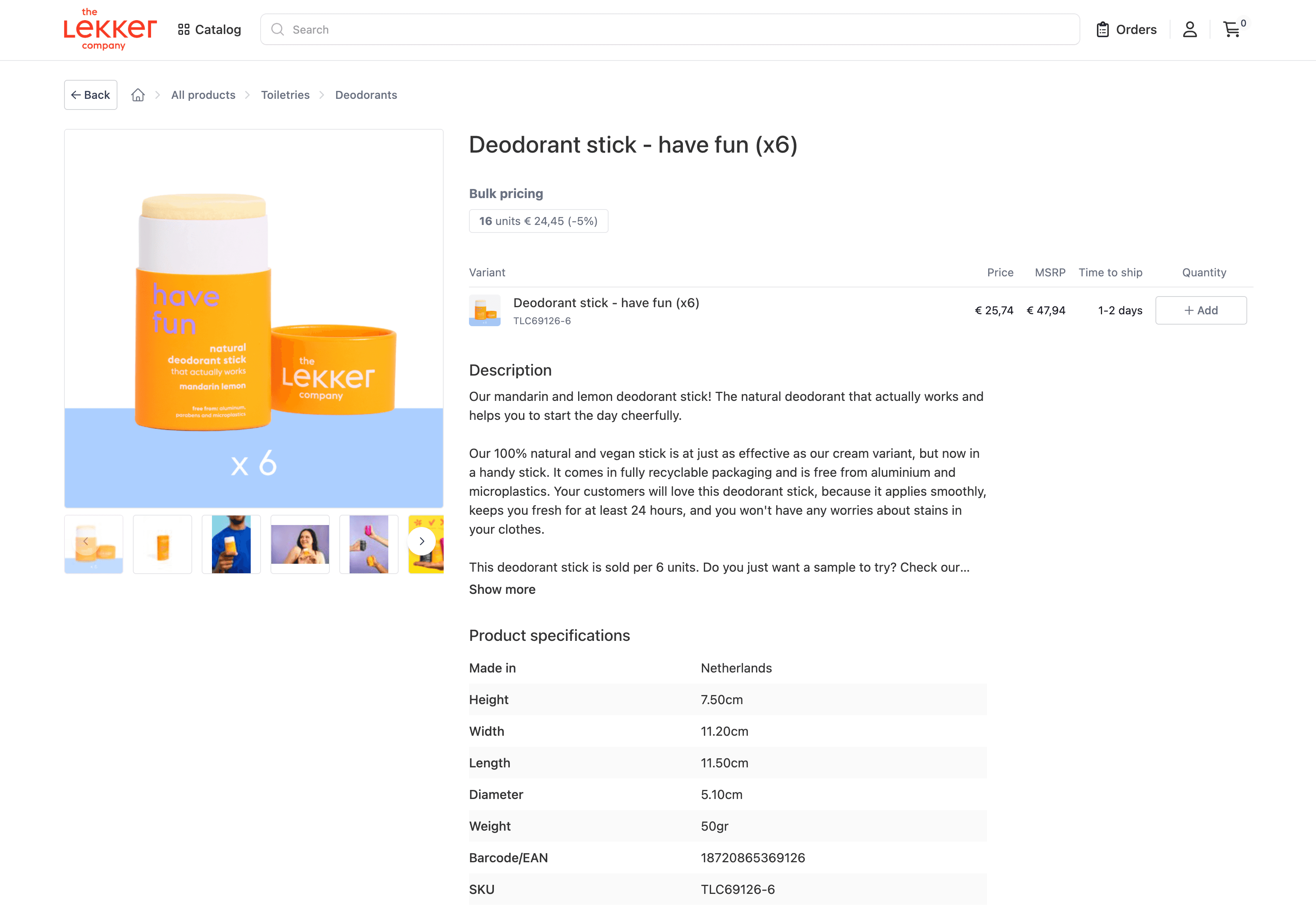 B2B Customer Portal of The Lekker Company Build with Orderchamp Cloud - Single product page