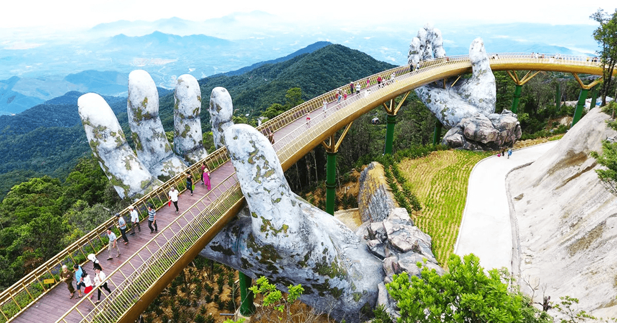 the iconic Golden Bridge located in the Ba Na Hills, Da Nang, Vietnam