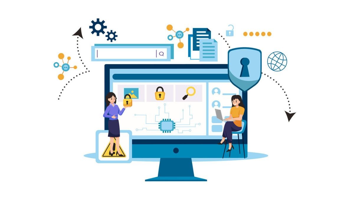 Illustration of a computer monitor with padlock and microchip icons surrounded by shields, gears, and documents, symbolizing cybersecurity frameworks and secure data management.