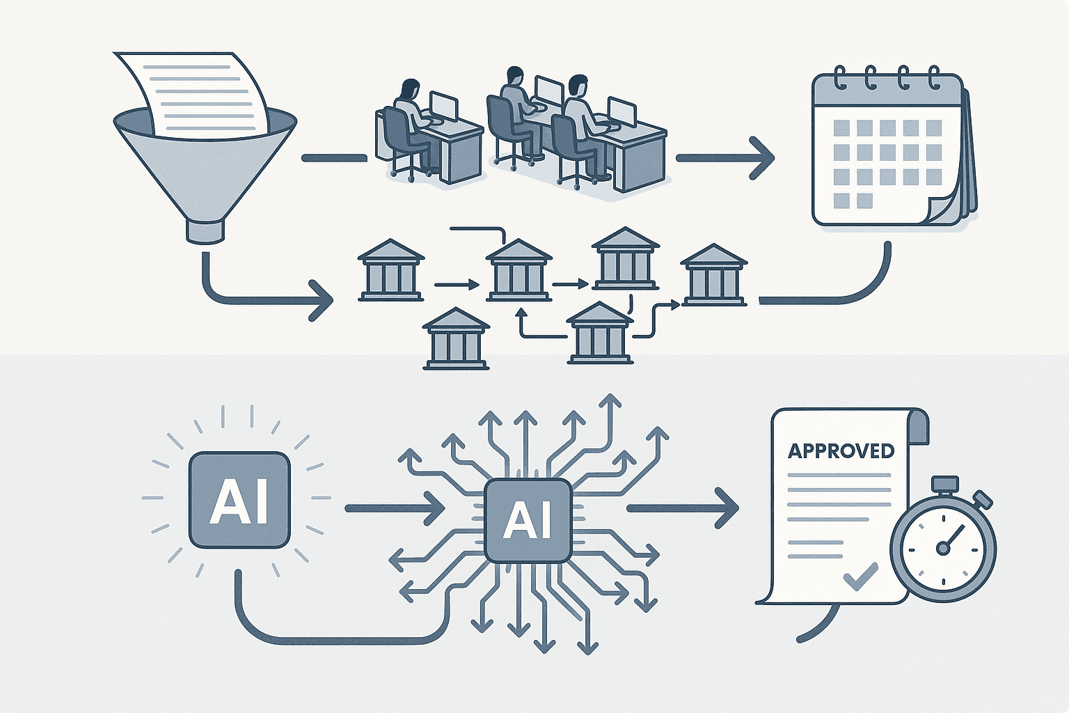 Flow diagram contrasts slow paperwork mortgage process with rapid AI-driven approval and rate selection