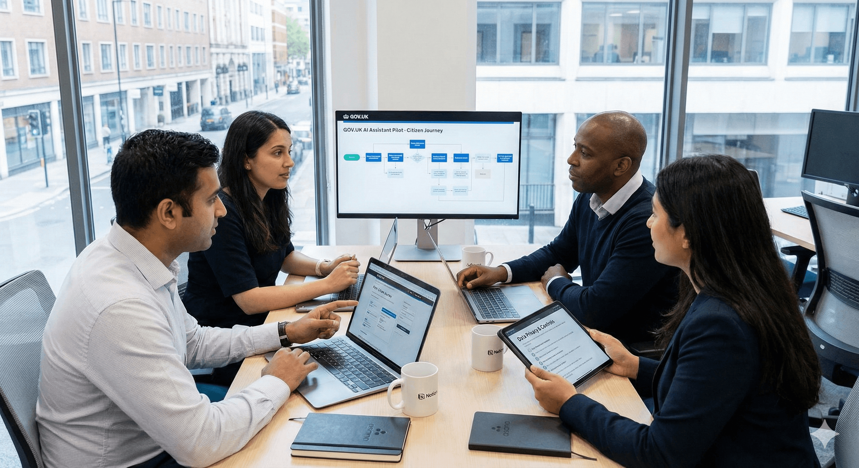 A diverse group of professionals engage in a collaborative discussion around a table with laptops, notebooks, and coffee cups, while a digital presentation on a monitor highlights topics related to public-sector AI initiatives.