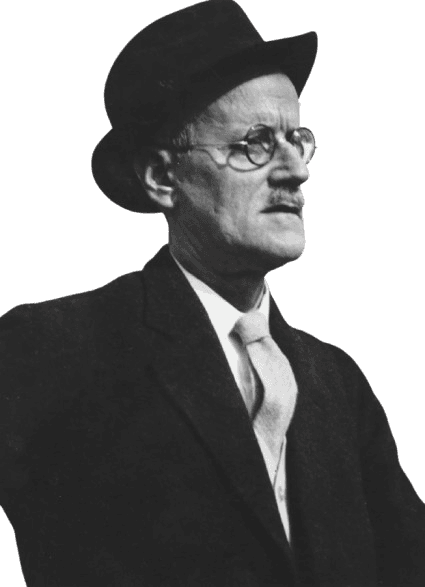 A black-and-white photograph of James Joyce, the iconic 20th-century Irish author, wearing a dark suit, tie, round glasses, and a fedora hat. His serious expression and upward gaze reflect his intellectual depth and creative genius. Best known for his groundbreaking works such as "Ulysses" and "A Portrait of the Artist as a Young Man," Joyce's contributions to modernist literature are celebrated for their innovative narrative techniques and exploration of consciousness. The photo captures his distinctive appearance and enduring influence on literature.