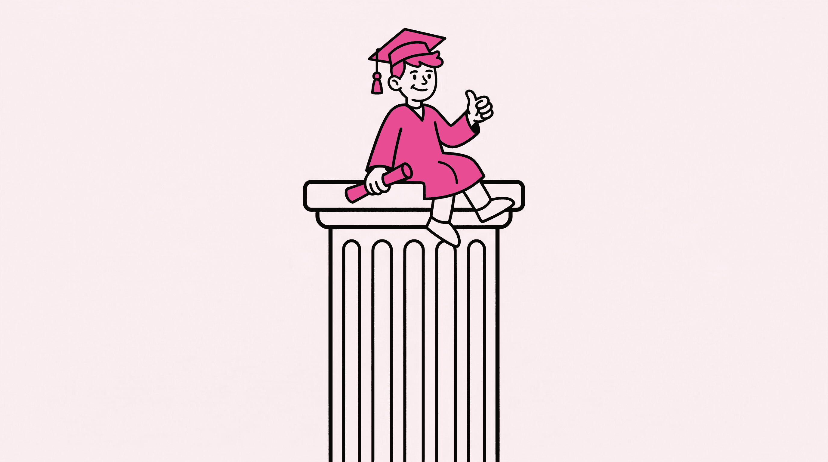 cool teenager graduating college sitting on a giant roman pillar. his proportions look small compared to the pedestal. 