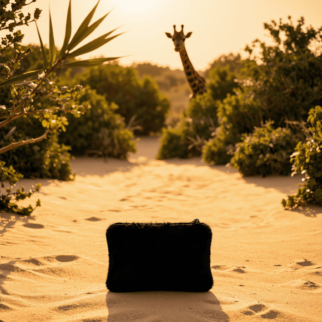 product photography of a black fuzzy pouch