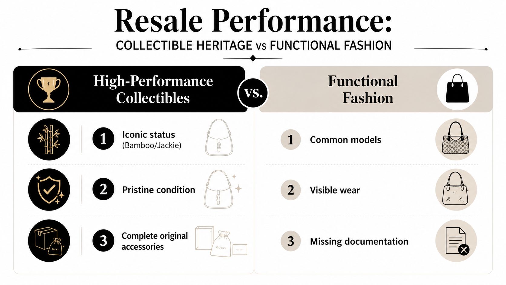 A comparison chart showing factors that define high-performance collectible Gucci bags versus functional fashion items.