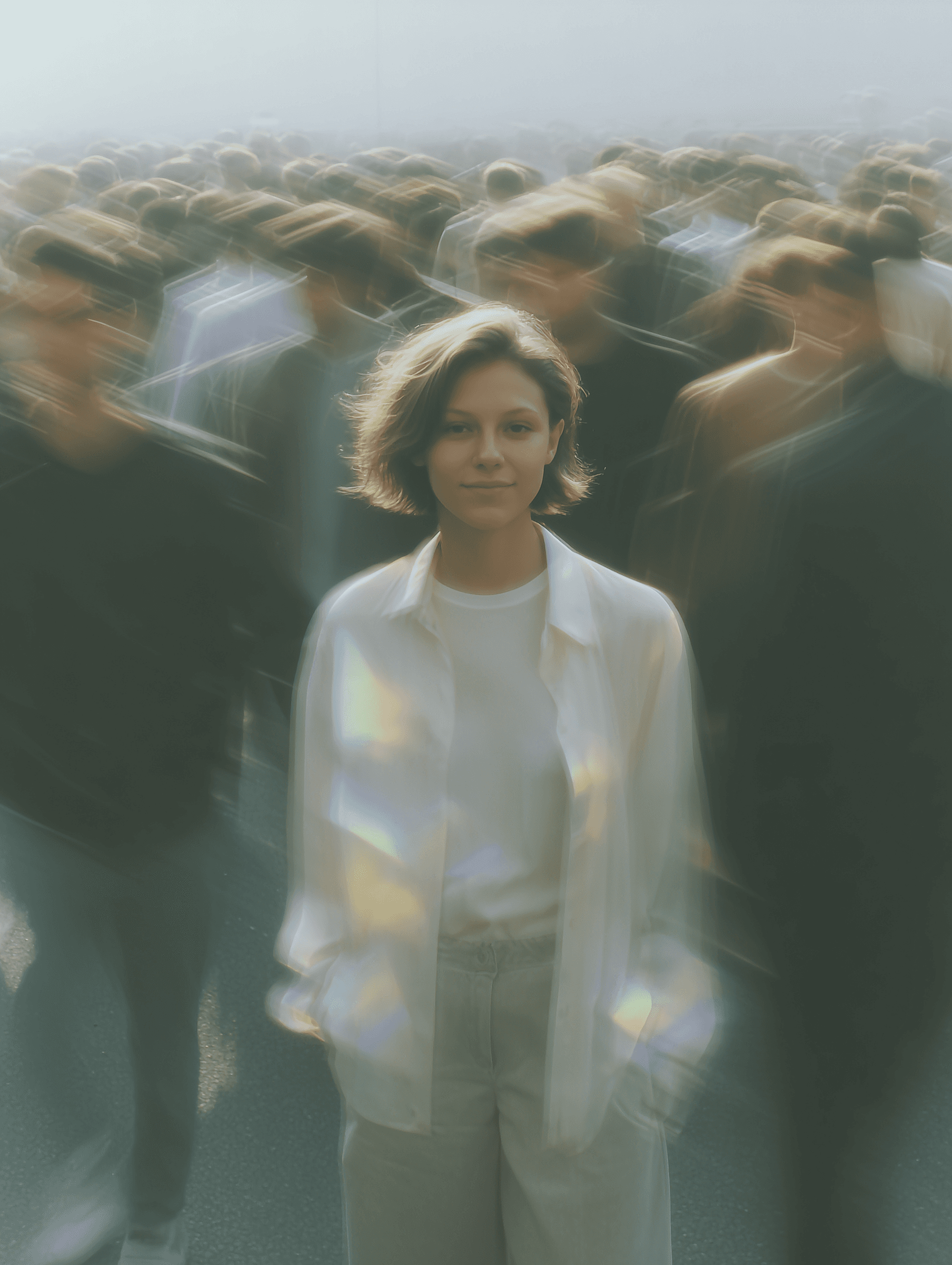 Woman in white iridescent jacket standing still and sharp in focus amid a crowd of blurred moving figures
