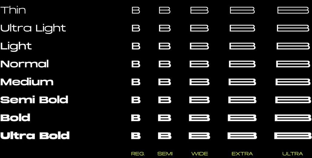 Grid layout showcasing the 40 distinct styles of Brachial across five widths and eight weights