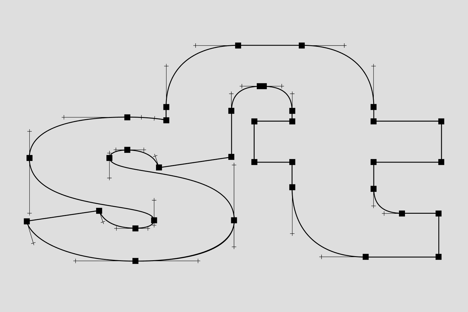 Outline of Refrankt ligature with Bezier curves and nodes, illustrating extanded font details