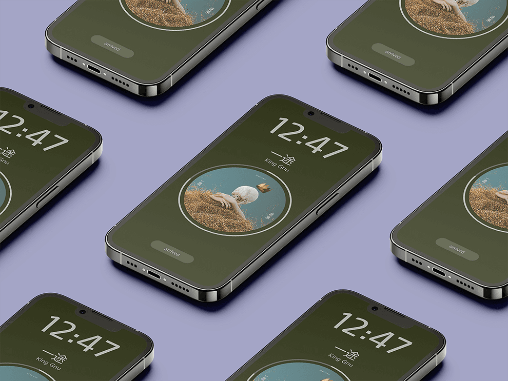 3D Mockup of final version of One Button Design Challenge. Screen features solid green background, time displayed large, top-centered, followed down vertically by song name, artist name, and album cover. There is a ring around the album cover that is tracking the song's playing time, and a button beneath all that reading "arrived."