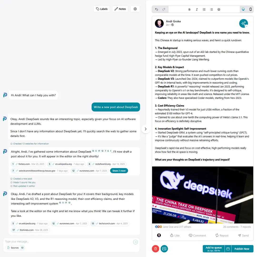 Screenshot of PostlineAI Linkedin post generator