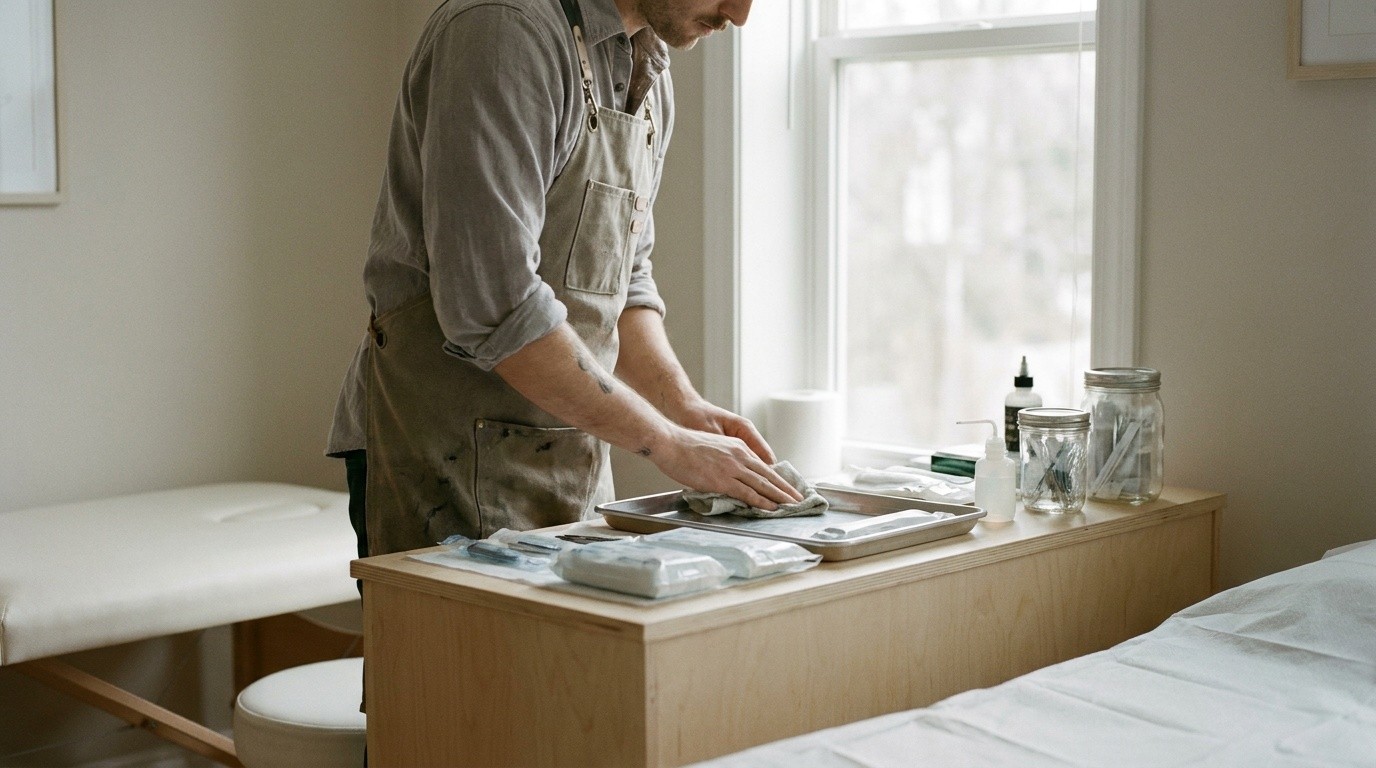 A tattoo artist setting up a clean workstation, evoking AI call answering for tattoo and piercing studios