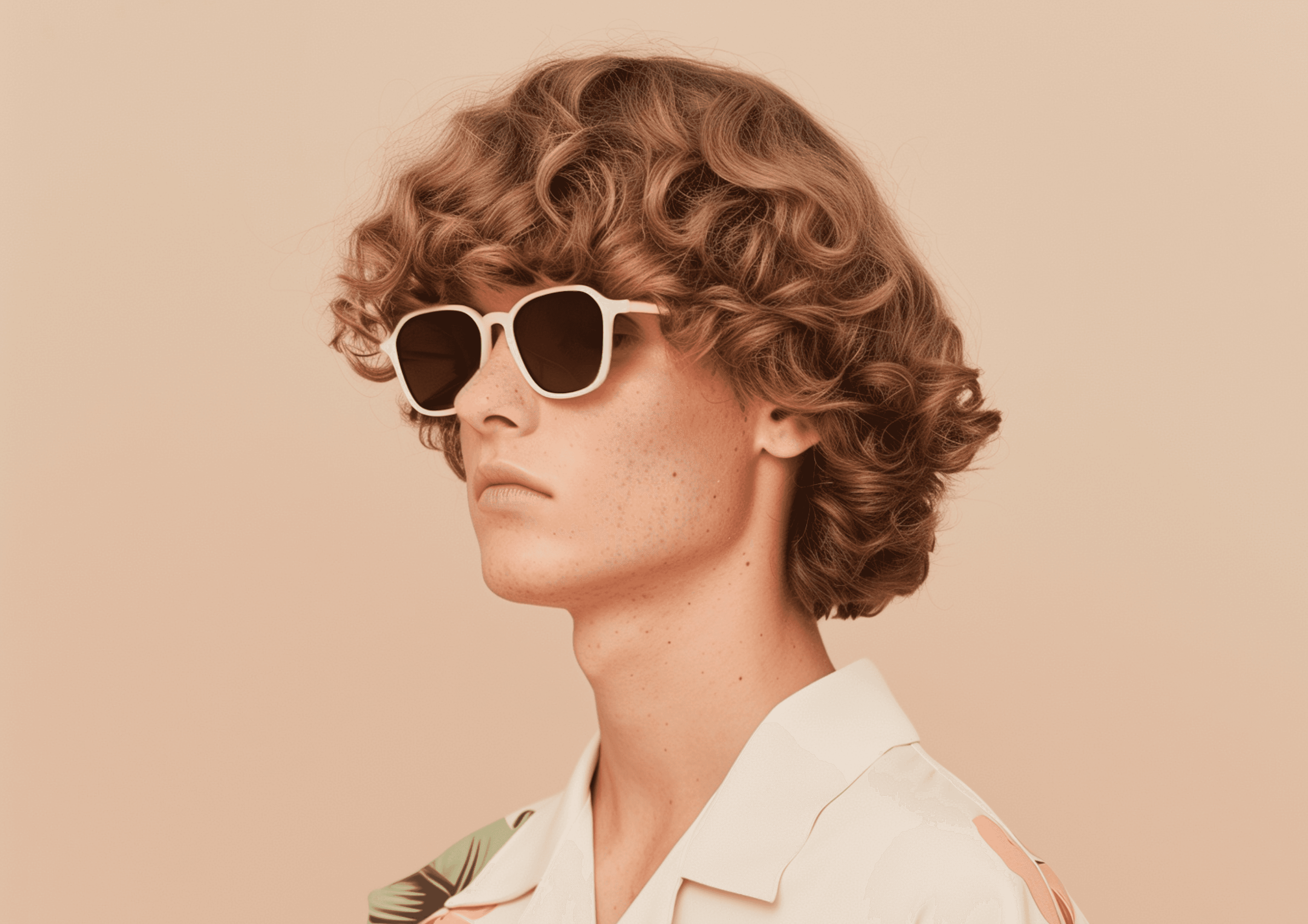 Model with blonde curly hair and sunglasses.