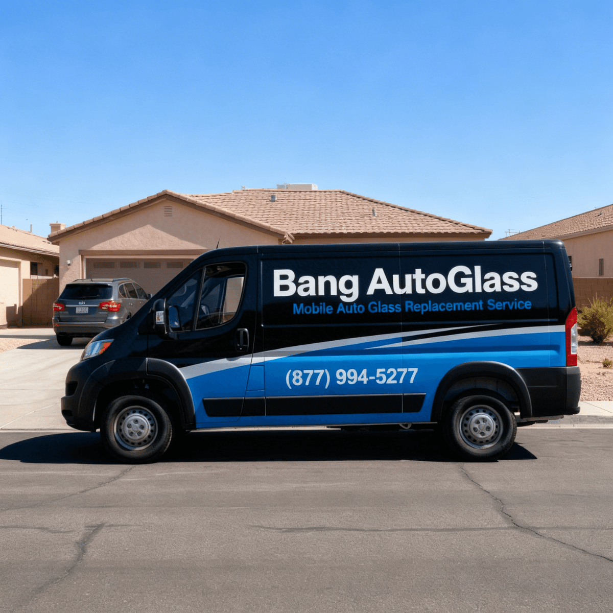 Bang AutoGlass van parked in front of a Maricopa, AZ single-family home gearing up for a windshield replacement job