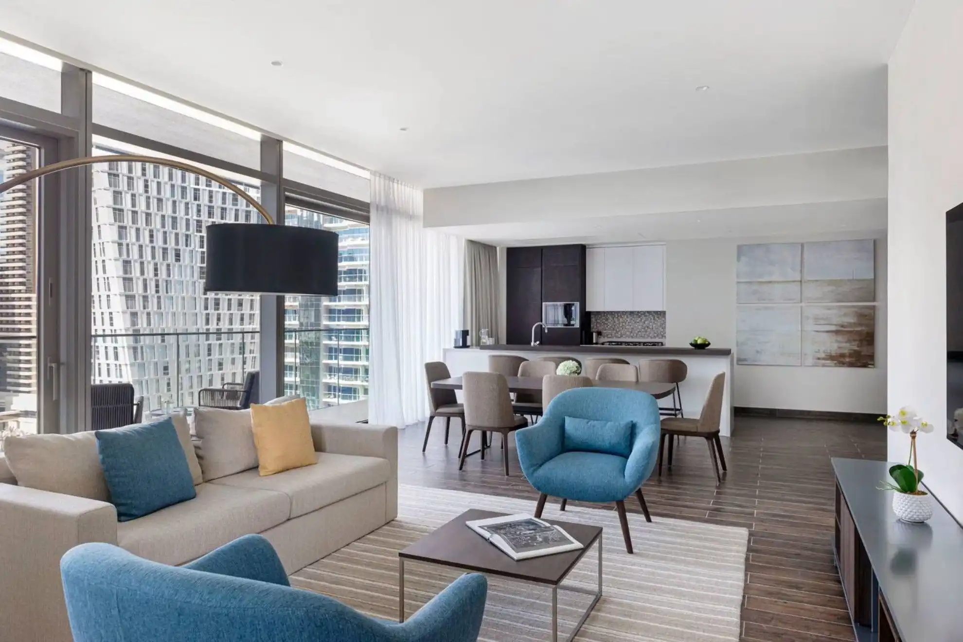 A modern guest room at Jumeirah Living Marina Gate, a pet-friendly hotel overlooking Dubai Marina