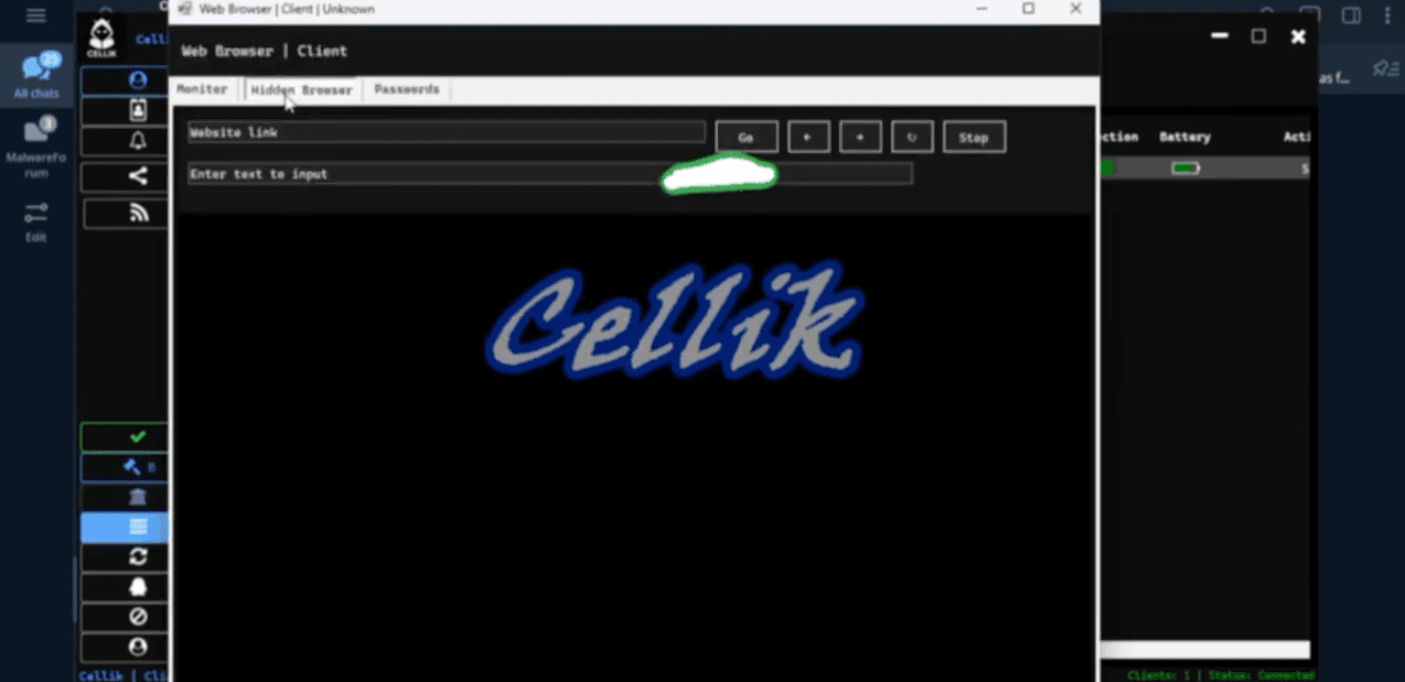 Hidden browser module interface used for stealth browsing/phishing. 