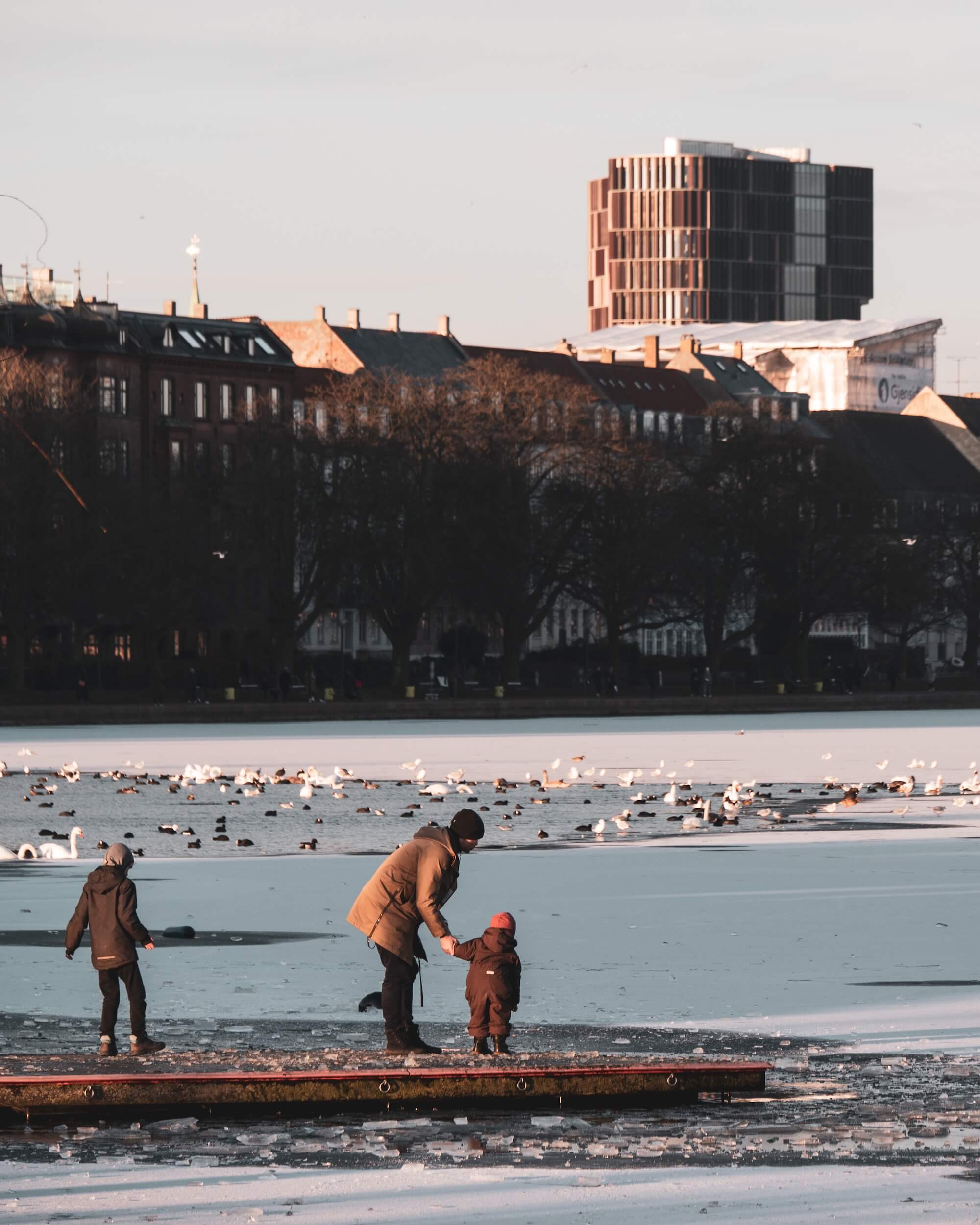 A nab abd children enjoying the view of a frozen lake in Copenhagen