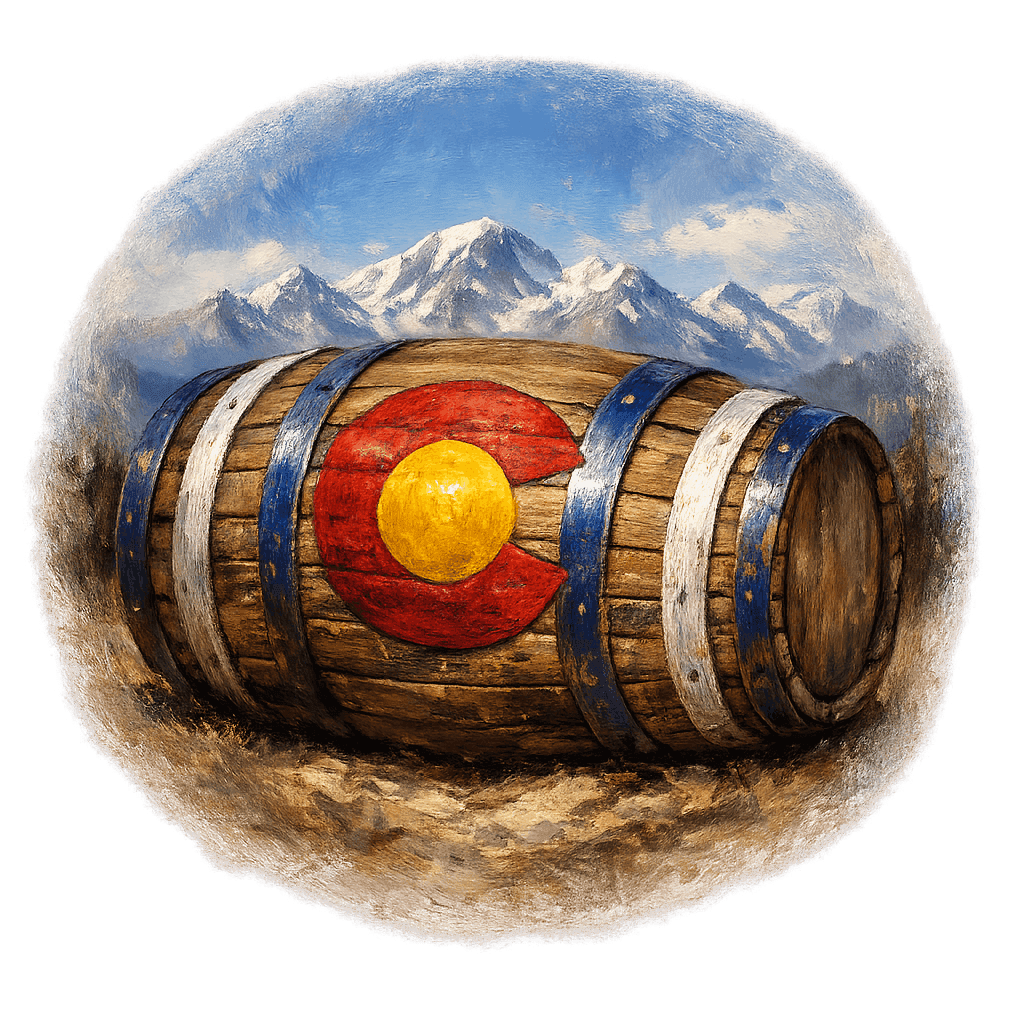 Wine barrel featuring the Colorado national emblem for regional wine education.