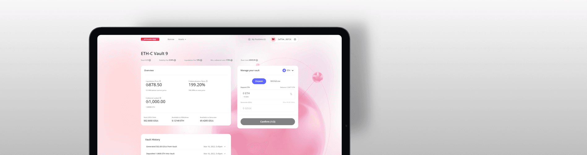 Web interface of GSU Protocol showing detailed transaction information and collateralized crypto lending proces