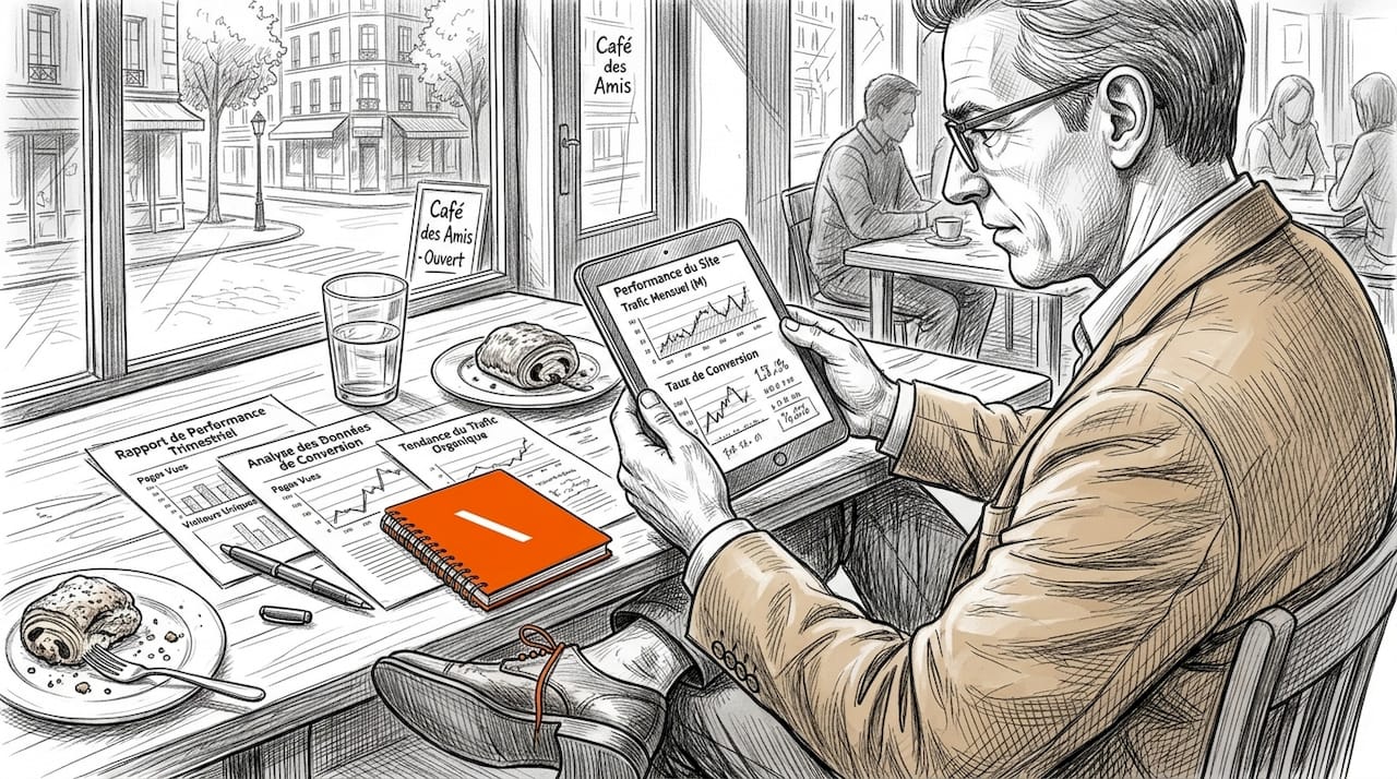 Un consultant analyse les performances d’un site web tout en prenant un café en terrasse.