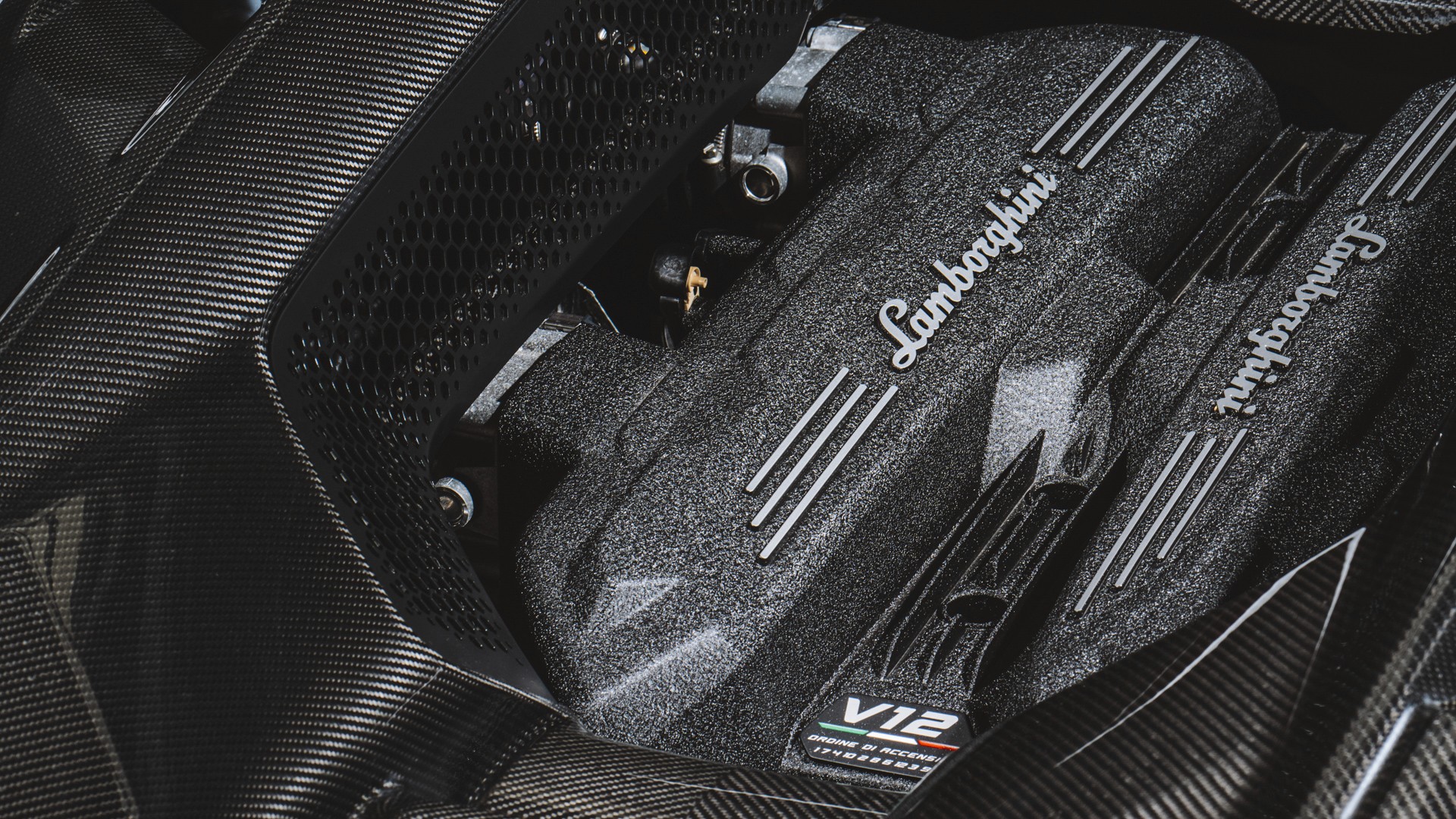 Close-up of the Lamborghini Revuelto's exposed engine bay, showing the crackle-finish cam covers with "Lamborghini" script and a "V12" plaque, framed by exposed carbon-fibre bodywork.