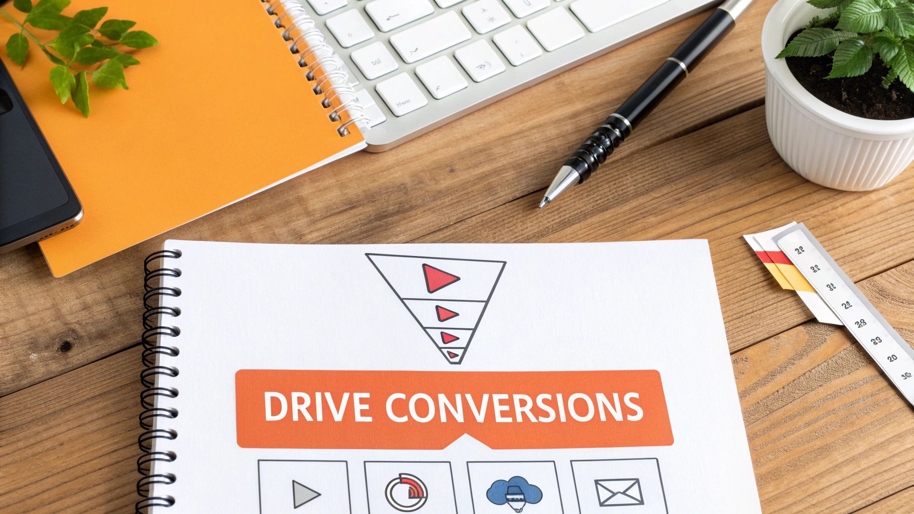 Overhead view of a desk with a notebook showing