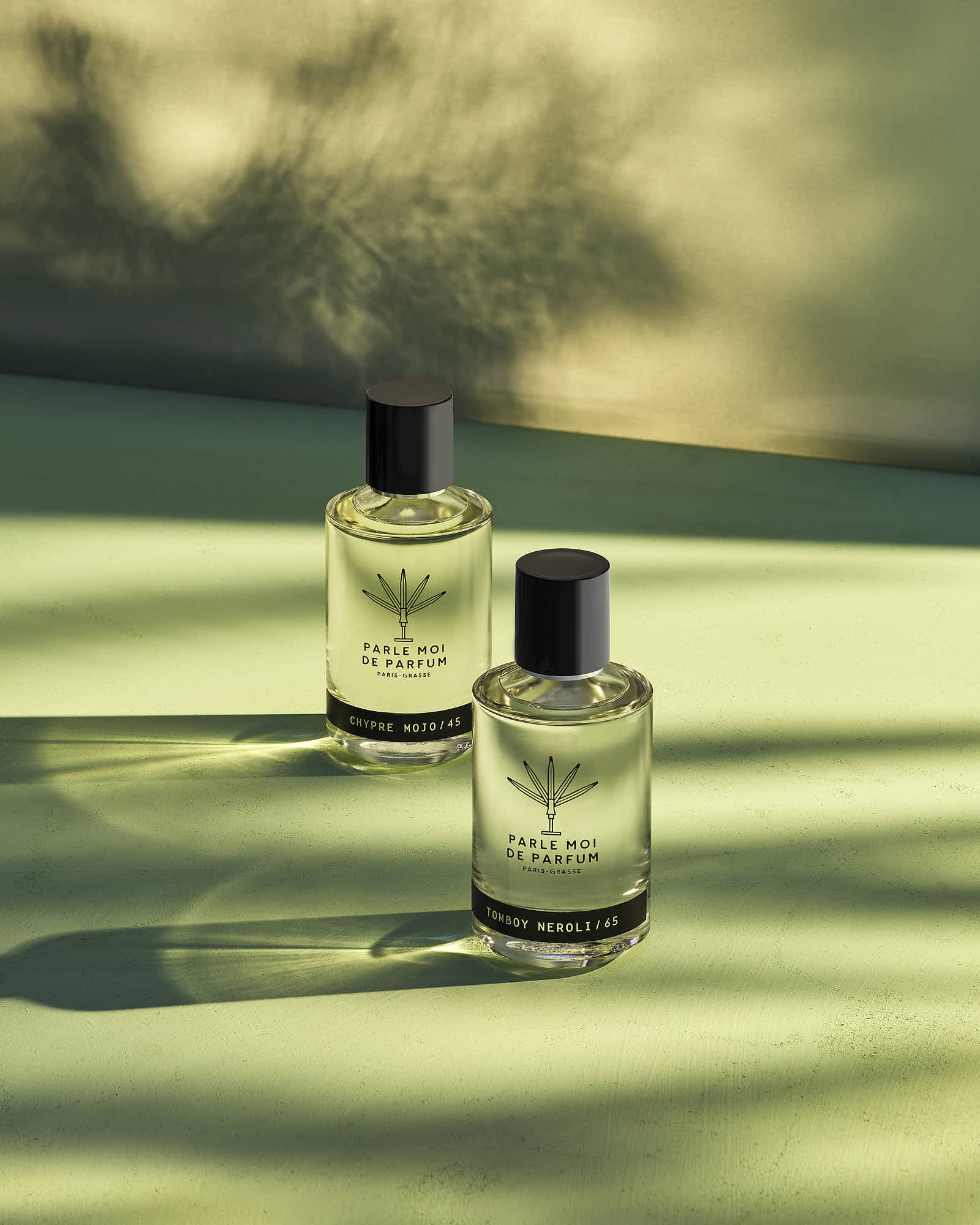 Two elegant perfume bottles sit on a textured surface, with soft shadows and a dreamlike background.