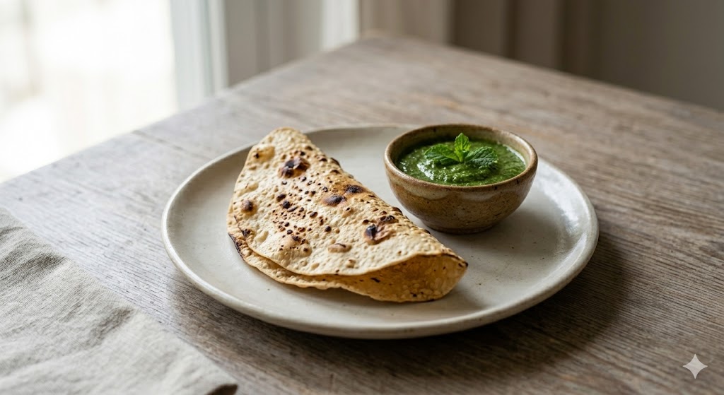 A freshly roasted, slightly curved papadum served with a bowl of mint chutney on a ceramic plate, resting on a wooden table.