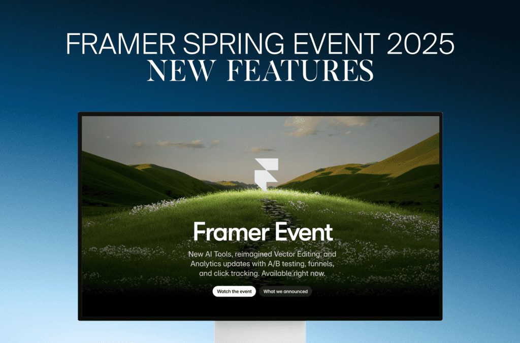 Framer-Event-Seite auf einem Monitor mit neuen KI-Tools, Vektorbearbeitung und Analytics mit A/B-Tests