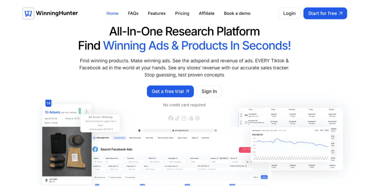 WinningHunter platform showing ad tracking and analytics