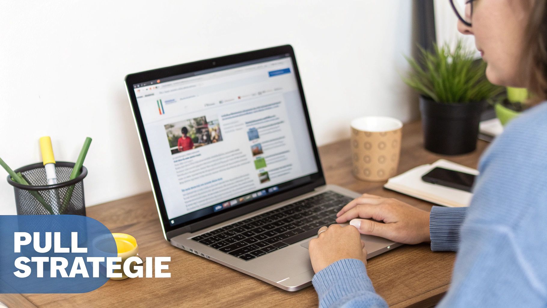Een persoon werkt aan een laptop op een bureau met kantoorbenodigdheden, inclusief de tekst 'PULL STRATEGIE'.