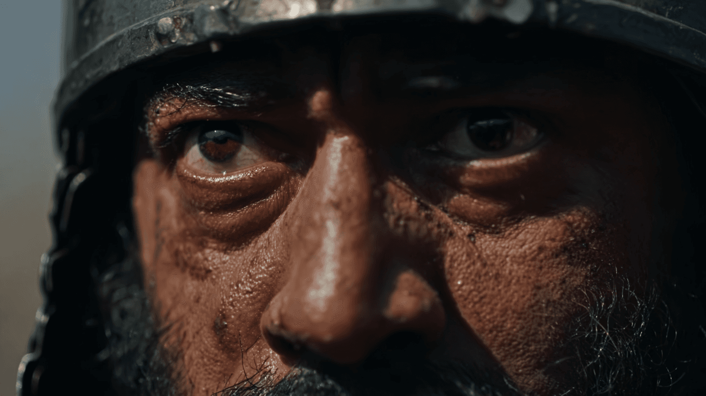 Close de um guerreiro em Castle Walls, produção histórica desenvolvida com ferramentas de IA