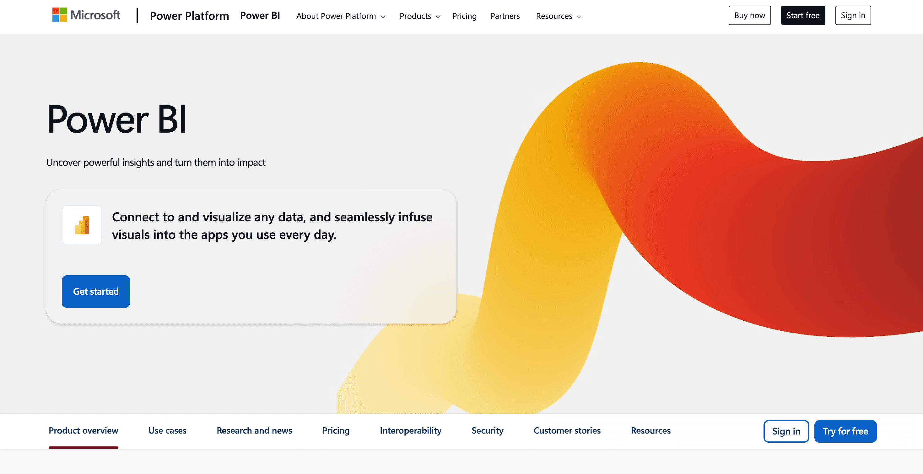 Microsoft Power BI dashboard platform homepage showing data visualization capabilities and integration with everyday business applications.