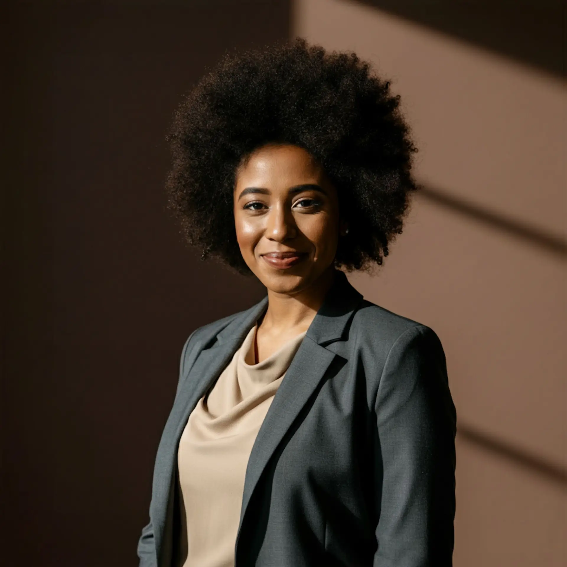 A professional woman in a blazer, smiling warmly in a well-lit setting.
