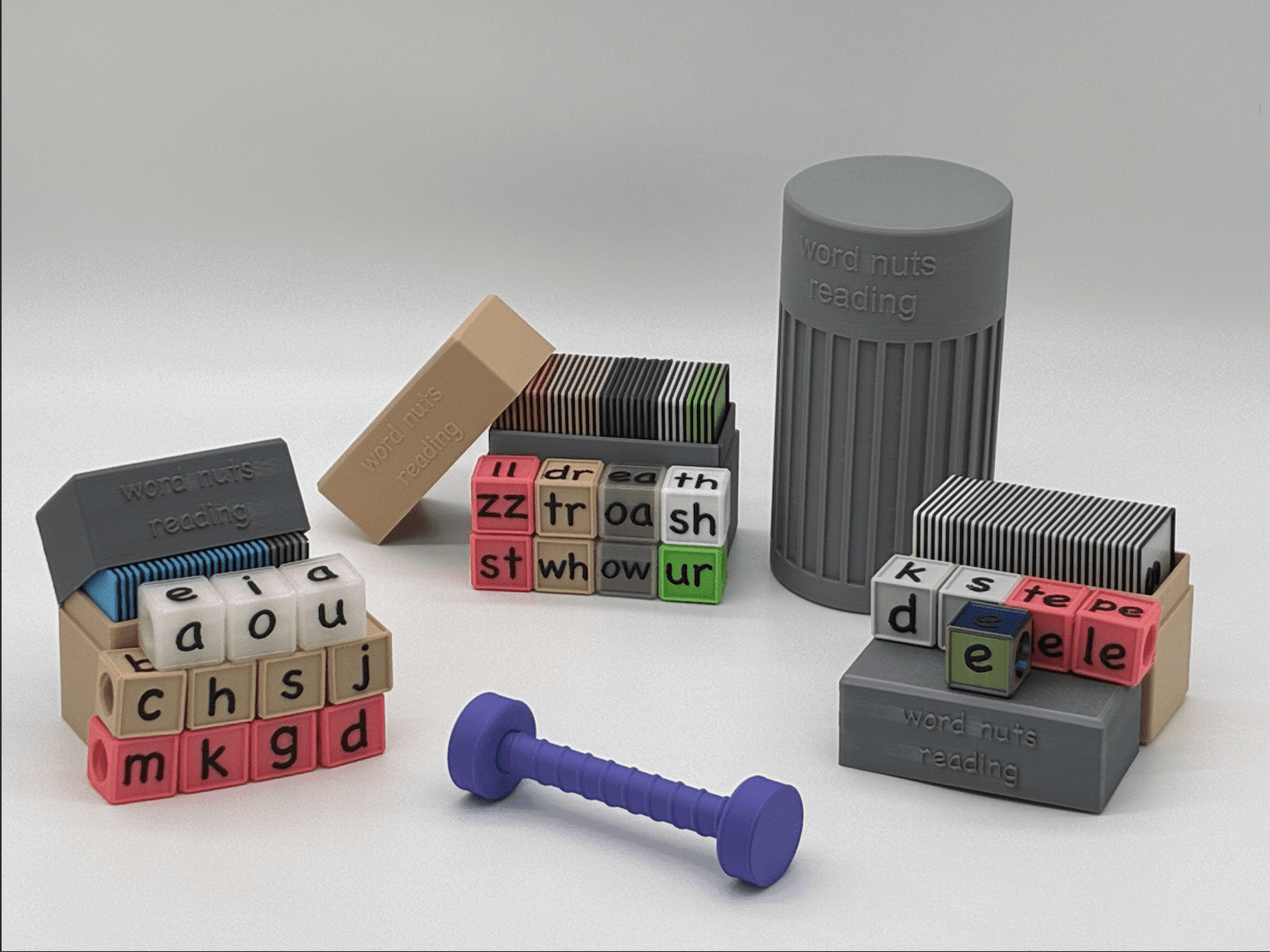 The complete set of word nuts reading with flash cards, rod and containers