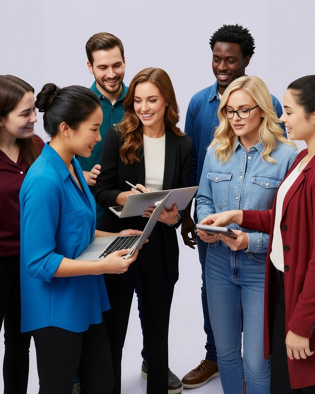 A diverse group of professionals collaborating with laptops and tablets, showcasing teamwork.