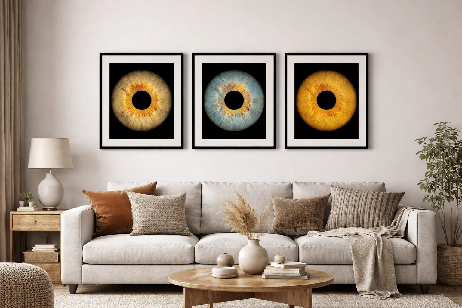 living room with three iris photos