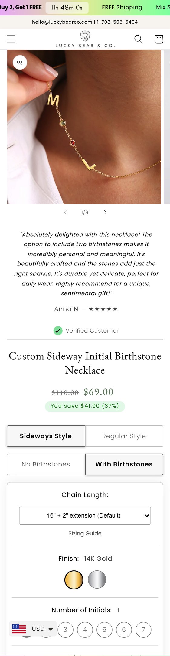 Jewelry product options include: necklace, pendant, chain, birthstone for Custom Sideway Initial Birthstone Necklace from Lucky Bear & Co..