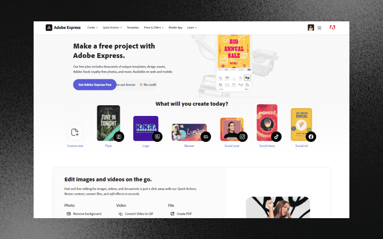 Adobe express homepage