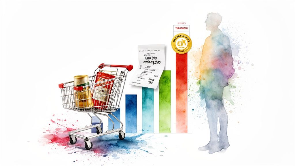 Shopping cart, receipt showing credits, bar chart, and a person, illustrating a rewards program.