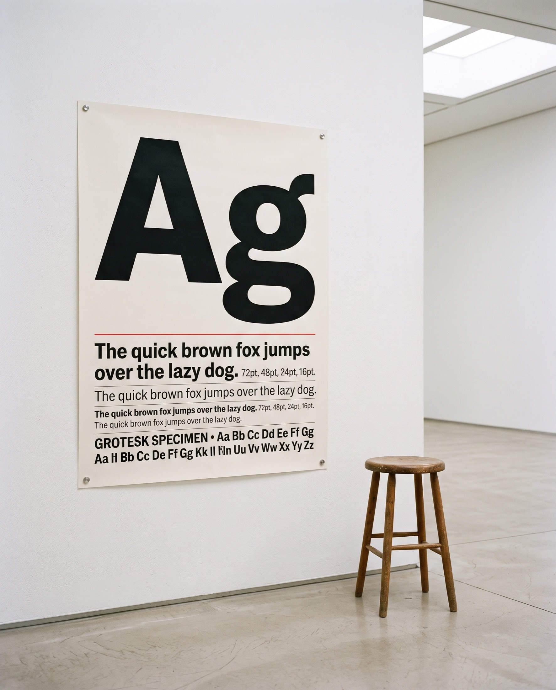 Nord Sans poster with large Ag glyphs on a white gallery wall beside a stool