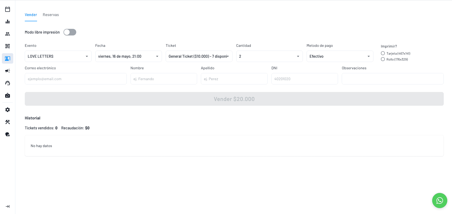 panel para venta de entradas en taquilla