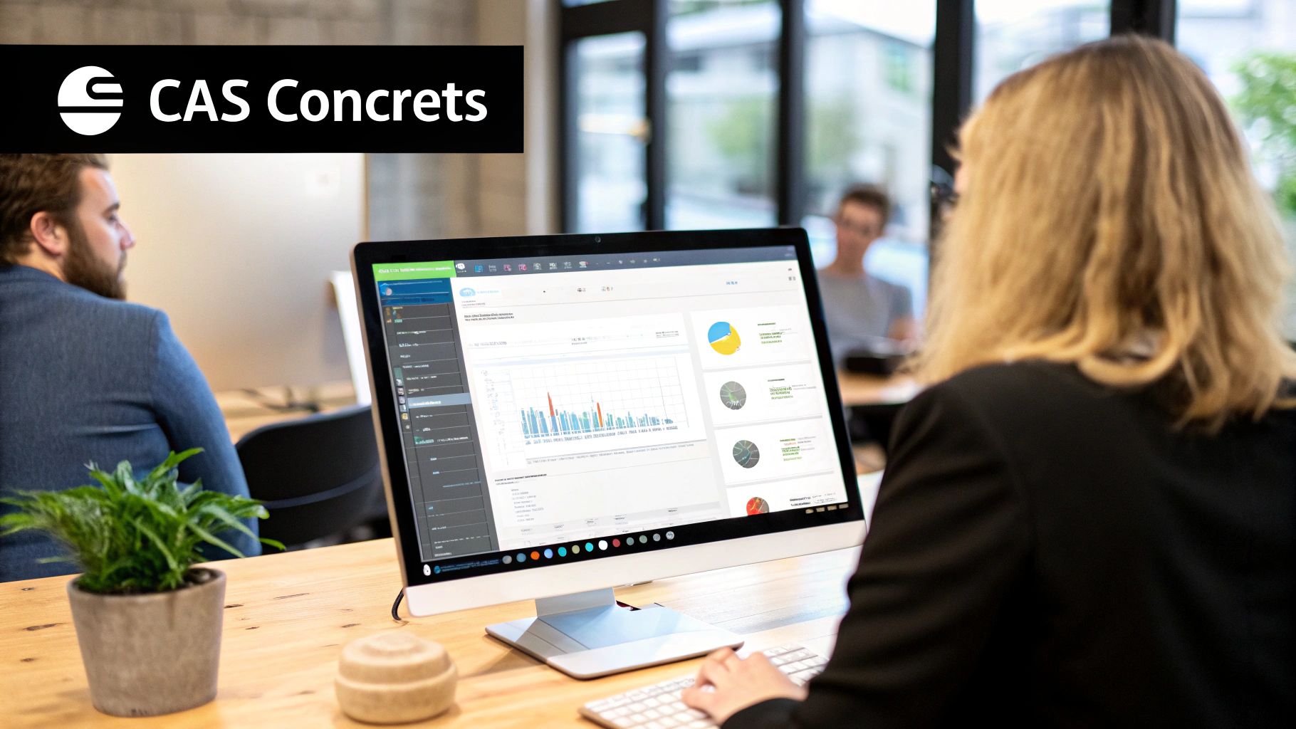 Une personne blonde travaille sur un ordinateur affichant des tableaux de bord et des graphiques, dans un bureau moderne avec le logo CAS Concrets.