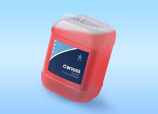 A red plastic jug with a white cap and handle contains a pink liquid.