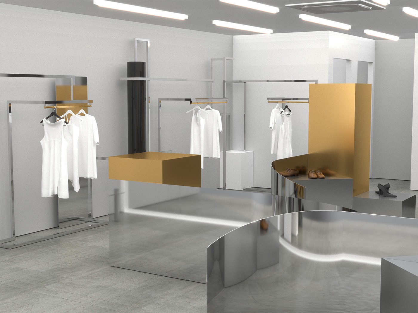Inflected Showroom 상업 디스플레이 오버뷰 – 금속, 유리, 나무, 자연석의 물성을 반영한 공간 디자인, Studio Underscore