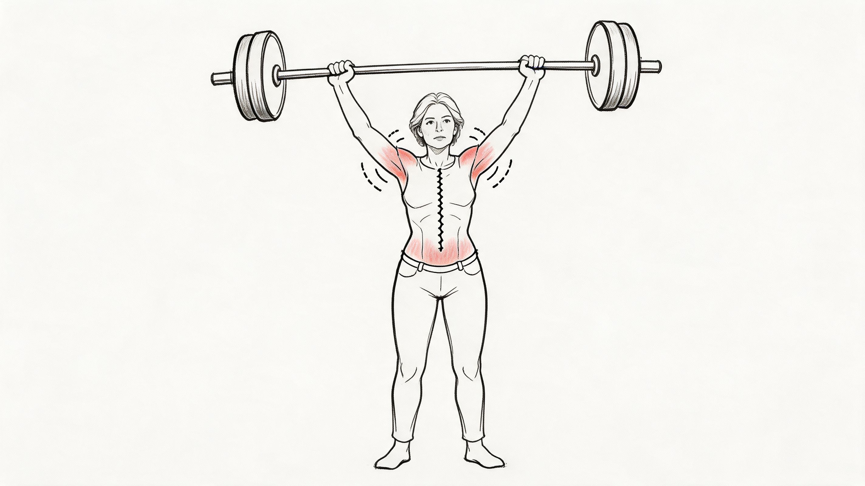 A woman performing an overhead barbell press, illustrating exercises to avoid during menopause due to potential strain.