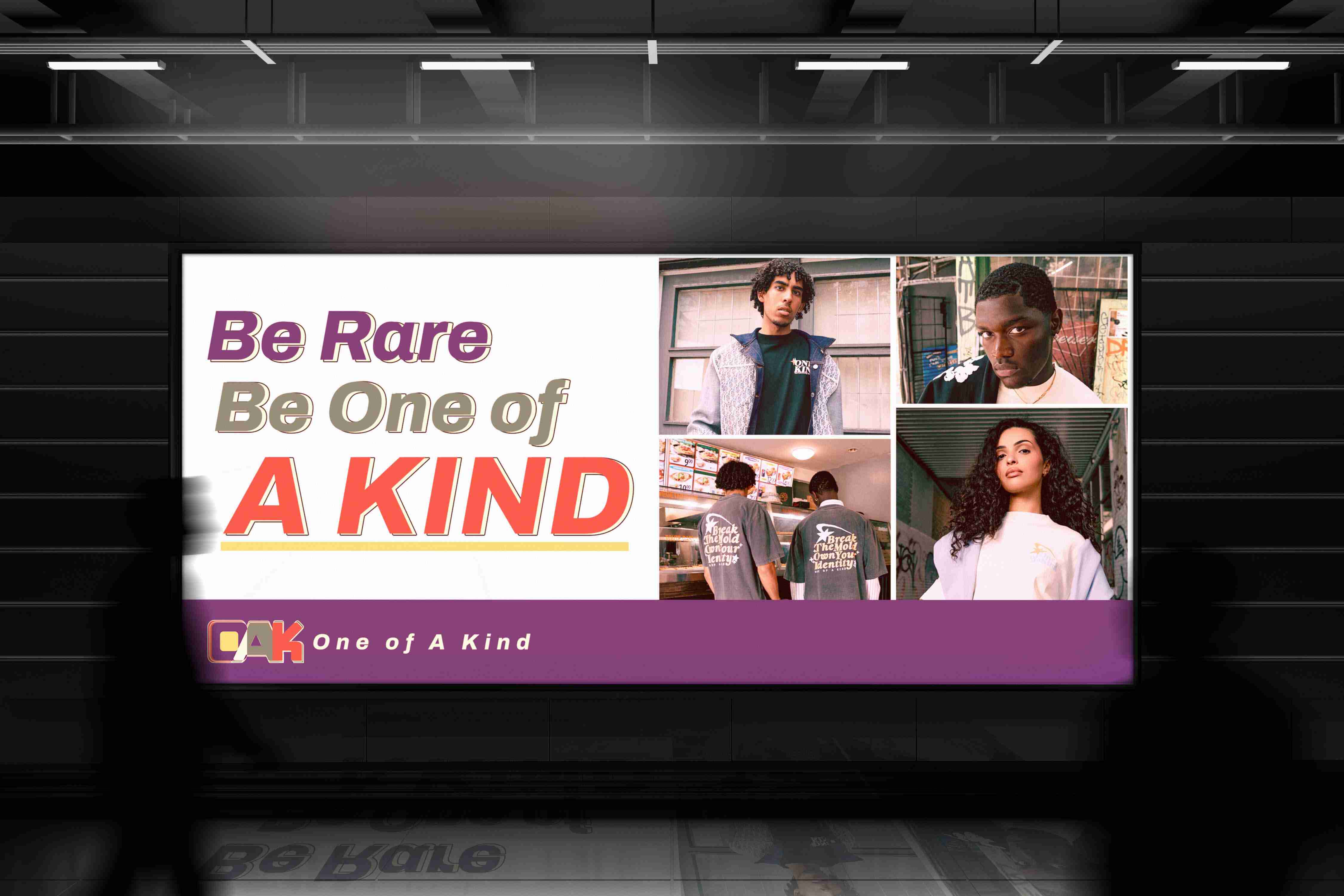 A lit billboard in a walkway with a silhouette of a passerby