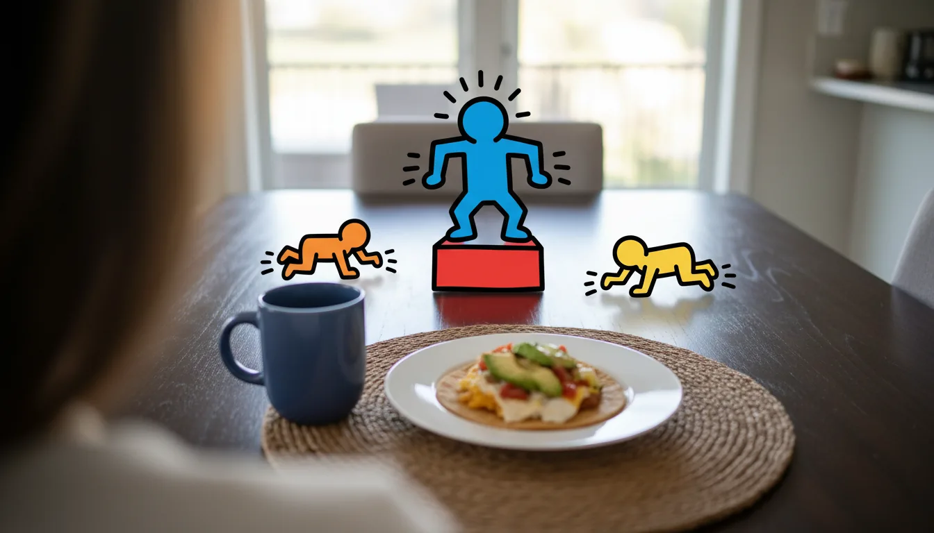 DSLR photograph of a breakfast setting on a dark wood dining table, viewed from an over-the-shoulder perspective. In the foreground, there is a blue mug and a plate with a taco on a woven placemat. The scene is lit by soft, natural daylight. Digitally composited onto the table are several vibrant, 2D cartoon characters in the pop art style of Keith Haring, with thick black outlines and flat colors. A blue figure stands on a red box, and two smaller, crawling figures in orange and yellow are placed around the table, all with small black motion lines indicating energy.