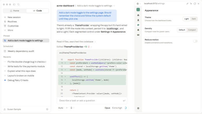 Claude Code en su app de escritorio, con el plan de la tarea y el diff del fichero editado
