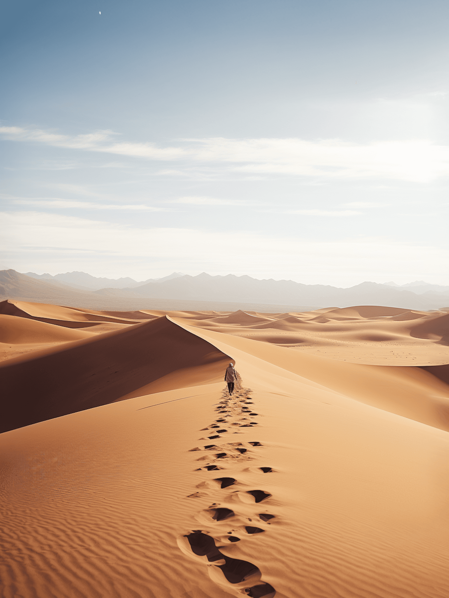 Desert footsteps leading through soft dunes under pale morning light in AlUla.