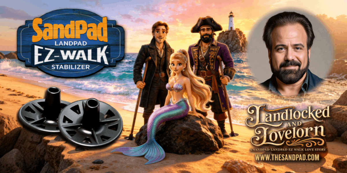 SandPad LandPad EZ-Walk Stabilizer with Traction Jack artwork, Jerry A. Vasilatos portrait, and Landlocked & Lovelorn branding.